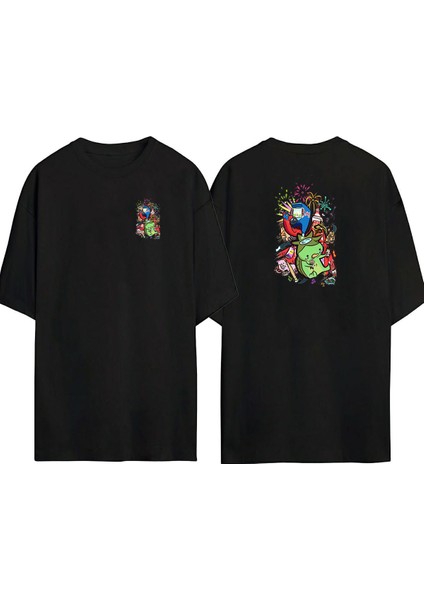 Domuzcuk Parti Mikrafon Oyun Ön Arka Baskılı Sıyah Oversize T-Shirt