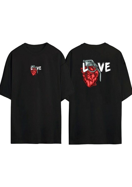 Love Kalp Ön Arka Baskılı Sıyah Oversize T-Shirt