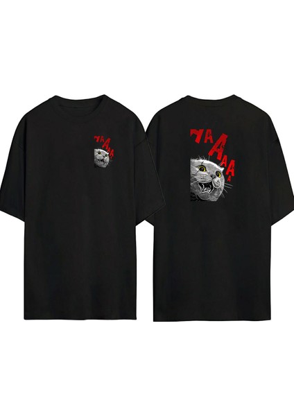 Cat Aaaa Ön Arka Baskılı Sıyah Oversize T-Shirt
