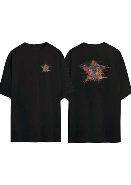 Mikrofon Suluboya Resim Öklid Ön Arka Baskılı Sıyah Oversize T-Shirt