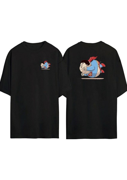 Süperman Ön Arka Baskılı Sıyah Oversize T-Shirt