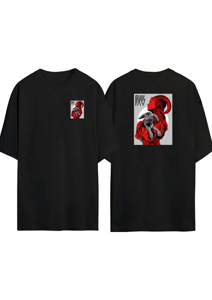 Şeytan ve Koyun Ön Arka Baskılı Sıyah Oversize T-Shirt