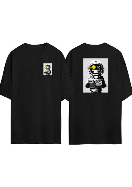 Robot Game Over Ön Arka Baskılı Sıyah Oversize T-Shirt