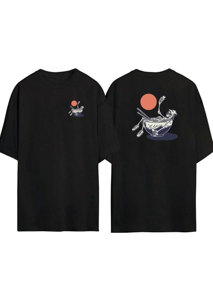 Skeleton In A Japanese Bowl Ön Arka Baskılı Sıyah Oversize T-Shirt