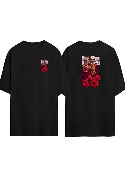 Unisex Kırmızı Eldiven Illüstrasyon Çifti Ön Arka Baskılı Sıyah Oversize T-Shirt
