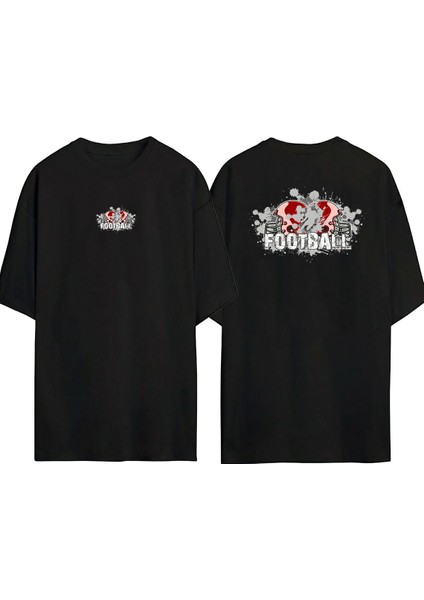 Futball Avrupa Kask Baskısı Ön Arka Baskılı Sıyah Oversize T-Shirt