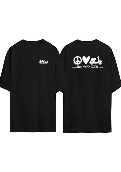 Peace Love Scooter Ön Arka Baskılı Sıyah Oversize T-Shirt