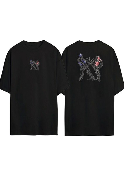 Taekwondo Çizim Illüstrasyon Ön Arka Baskılı Sıyah Oversize T-Shirt