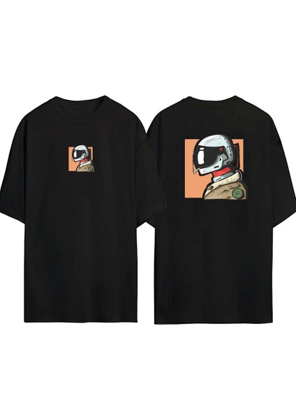 Astronaut Smoking Ön Arka Baskılı Sıyah Oversize T-Shirt