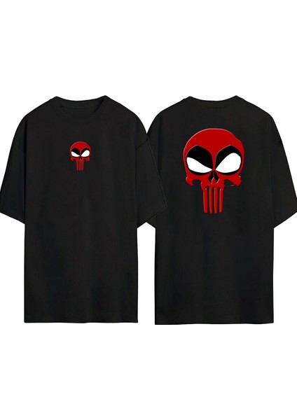 Deadpool x Punisher Illüstrasyon Ön Arka Baskılı Sıyah Oversize T-Shirt