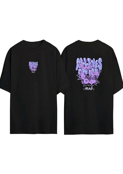 All Eyes On Me Ön Arka Baskılı Sıyah Oversize T-Shirt