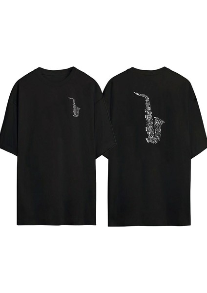 Notalar ve Saksafon Ön Arka Baskılı Sıyah Oversize T-Shirt