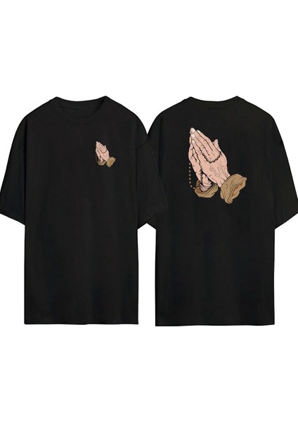 Dua Eden Eller Illüstrasyon Ön Arka Baskılı Sıyah Oversize T-Shirt