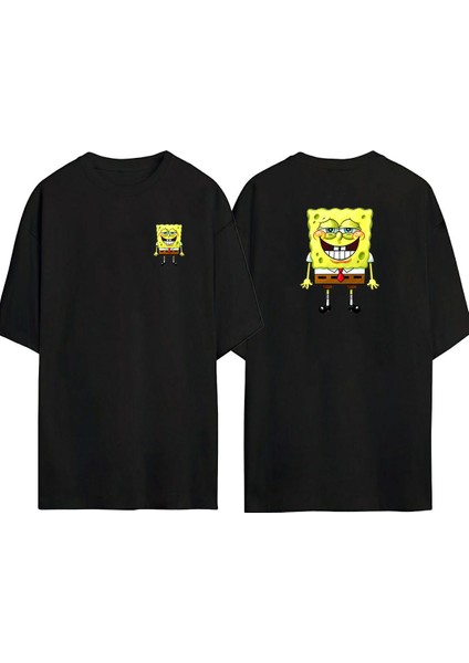 Patrick Star Sünger Bob Ön Arka Baskılı Sıyah Oversize T-Shirt