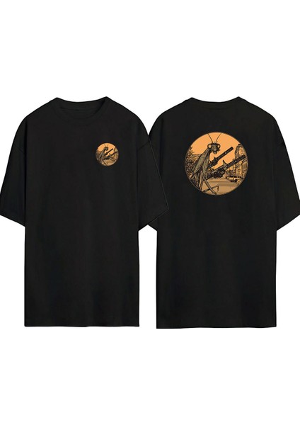 Poz Veren Çekirge Ön Arka Baskılı Sıyah Oversize T-Shirt