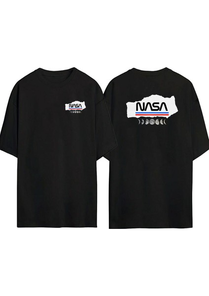 Nasa Ön Arka Baskılı Sıyah Oversize T-Shirt