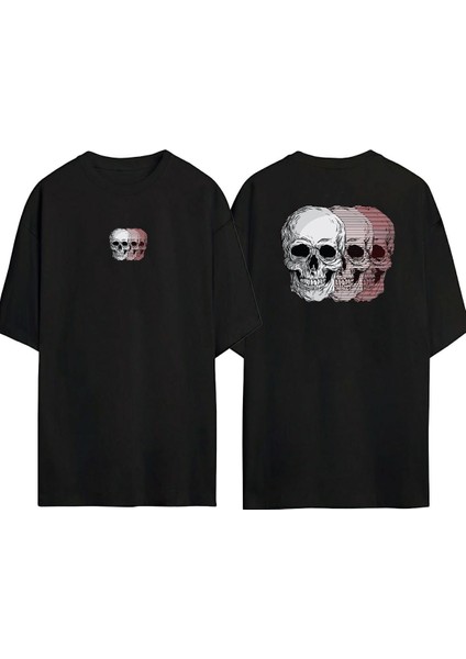 Üç Kuru Kafa Ön Arka Baskılı Sıyah Oversize T-Shirt