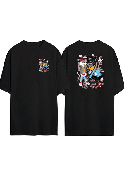 Bugs Bunny Urban,hip Hop Ön Arka Baskılı Sıyah Oversize T-Shirt
