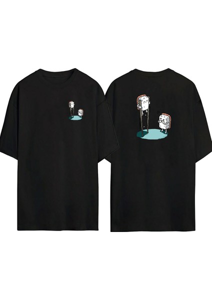 Marshmallow Diş Fırçası Ön Arka Baskılı Sıyah Oversize T-Shirt
