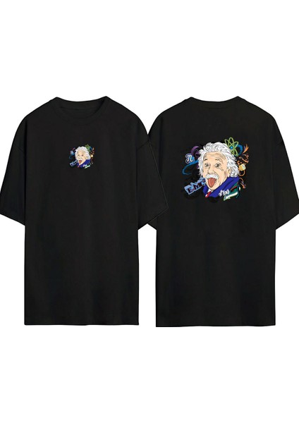 Albert Einstein Illüstrasyon Ön Arka Baskılı Sıyah Oversize T-Shirt