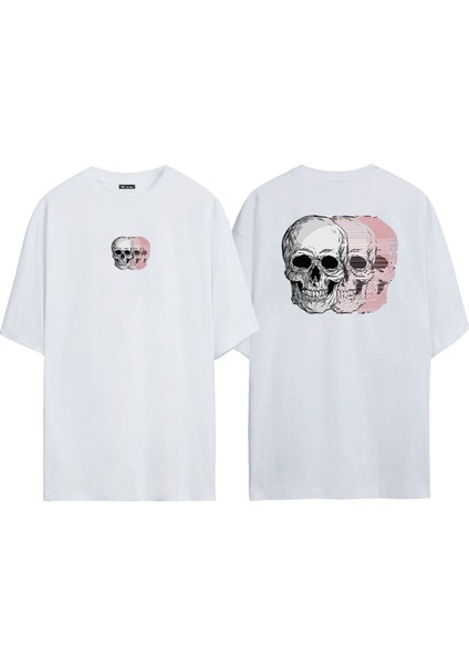 Üç Kuru Kafa Ön Arka Baskılı Beyaz Oversize T-Shirt