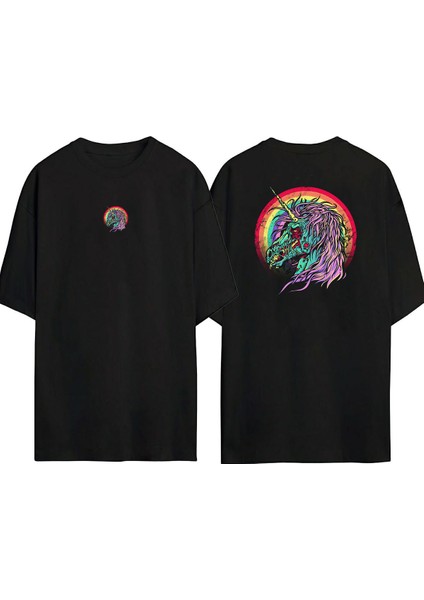 Deniz Mavisi ve Mor Unicorn Ön Arka Baskılı Sıyah Oversize T-Shirt