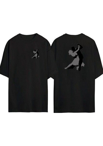 Erkek ve Kadın Dans Dansçılar Ön Arka Baskılı Sıyah Oversize T-Shirt