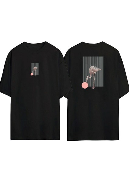 Flamingo Illüstrasyon Ön Arka Baskılı Sıyah Oversize T-Shirt