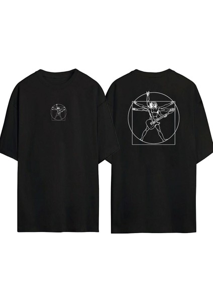Vitruvian Man Guitar Ön Arka Baskılı Sıyah Oversize T-Shirt