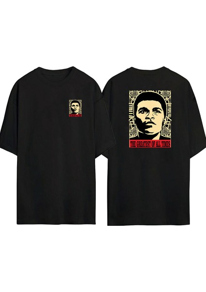Muhammed Ali Ön Arka Baskılı Sıyah Oversize T-Shirt
