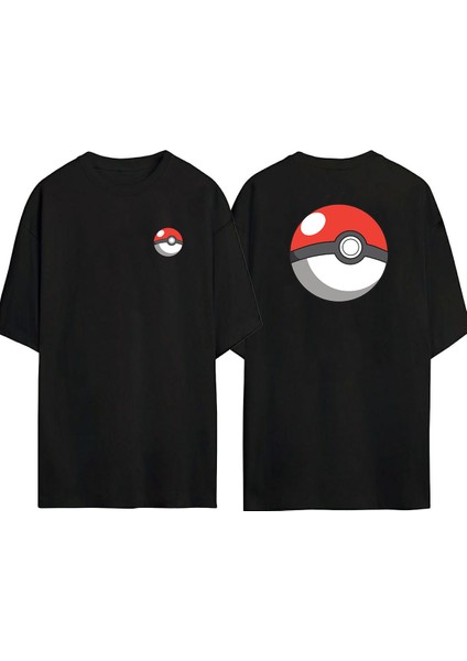Pokemon Topu Ön Arka Baskılı Sıyah Oversize T-Shirt