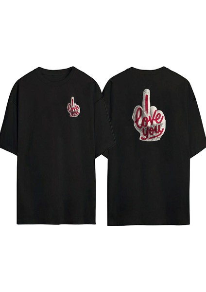 I Love You Ön Arka Baskılı Sıyah Oversize T-Shirt