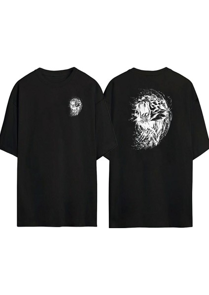 Wildcat Roar Kaplan Illüstrasyon Ön Arka Baskılı Sıyah Oversize T-Shirt