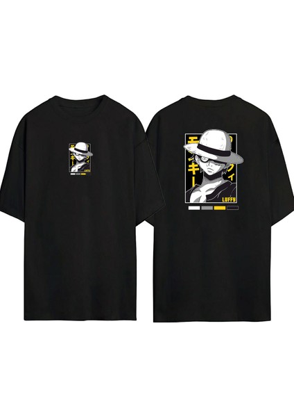 Anime Karakter Luffy Ön Arka Baskılı Sıyah Oversize T-Shirt