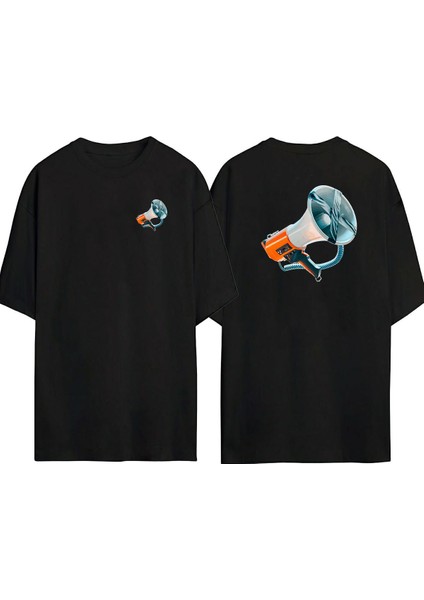 Megafon Ön Arka Baskılı Sıyah Oversize T-Shirt