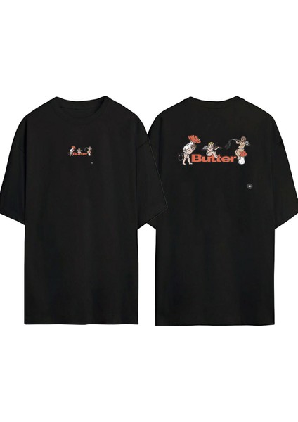 Bunter Melekler Ön Arka Baskılı Sıyah Oversize T-Shirt