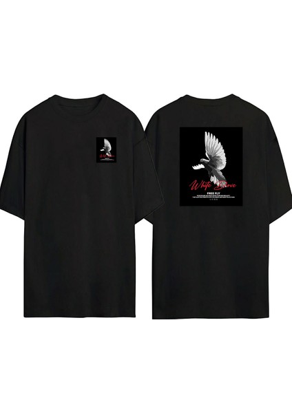 White Dove, Free Fly Ön Arka Baskılı Sıyah Oversize T-Shirt