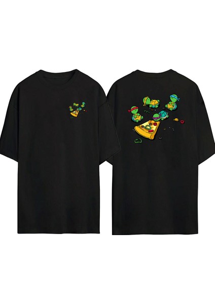 Ninja Kaplumbağalar ve Pizza Ön Arka Baskılı Sıyah Oversize T-Shirt