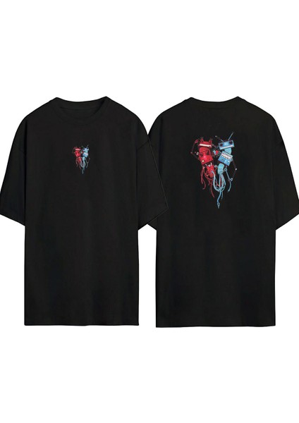 Art Neckline Telefon Ön Arka Baskılı Sıyah Oversize T-Shirt