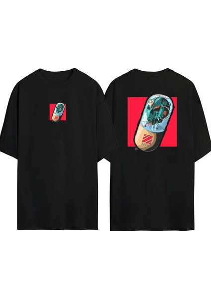 Cyberpunk Pill Drawing Ön Arka Baskılı Sıyah Oversize T-Shirt