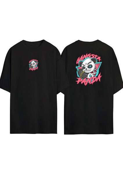 Gangsta Panda Ön Arka Baskılı Sıyah Oversize T-Shirt