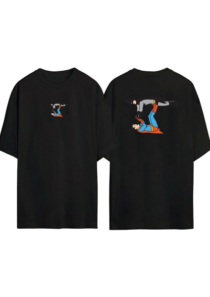 Batman ve Süperman Oyun Ön Arka Baskılı Sıyah Oversize T-Shirt