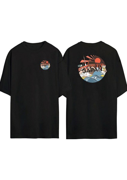 Japon Welcome To Ön Arka Baskılı Sıyah Oversize T-Shirt