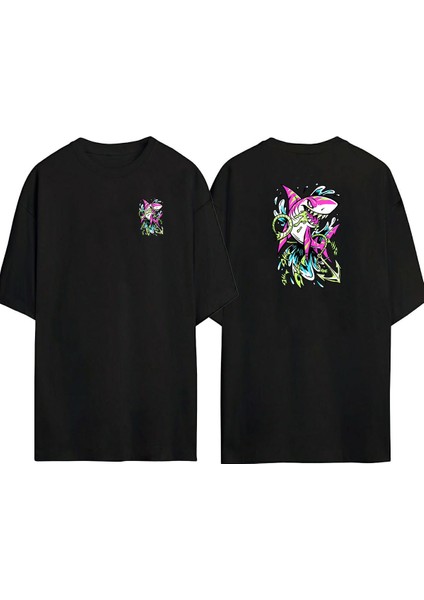 Köpek Balığı ve Çapa Ön Arka Baskılı Sıyah Oversize T-Shirt