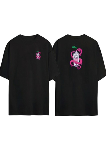 Spray Paınt Ön Arka Baskılı Sıyah Oversize T-Shirt