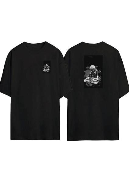 Star Wars Dj Yoda Ön Arka Baskılı Sıyah Oversize T-Shirt