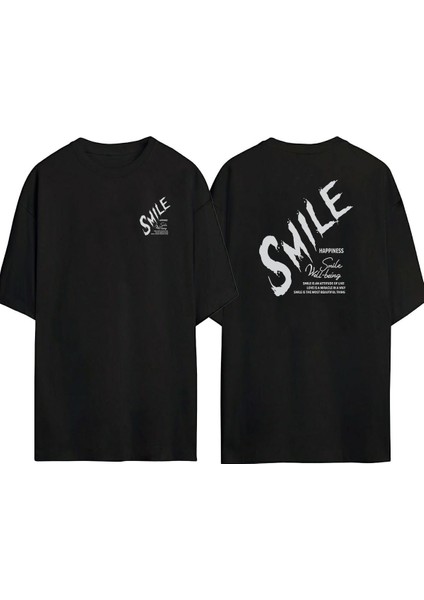 Smile, Happiness Ön Arka Baskılı Sıyah Oversize T-Shirt