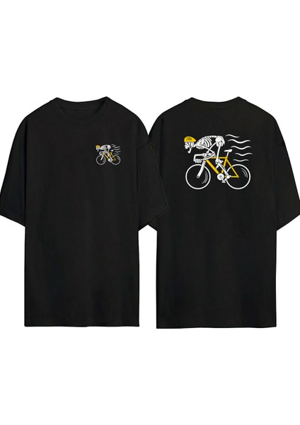 Skeleton Riding A Bicycle Ön Arka Baskılı Sıyah Oversize T-Shirt