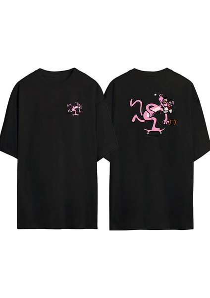 Pembe Panter ve Kaykay Ön Arka Baskılı Sıyah Oversize T-Shirt