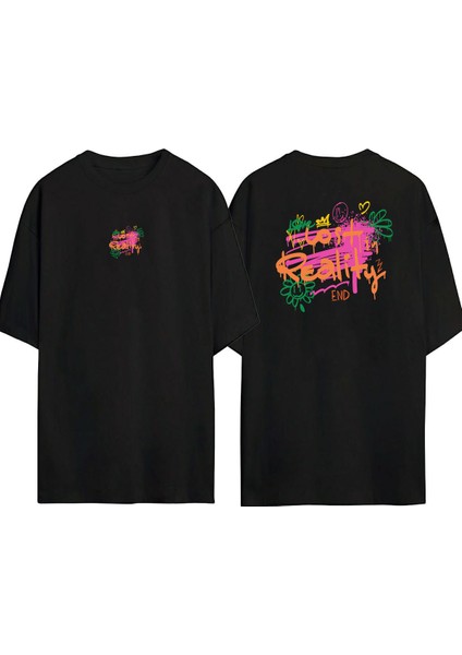 Lost In Reality, Love, End Ön Arka Baskılı Sıyah Oversize T-Shirt